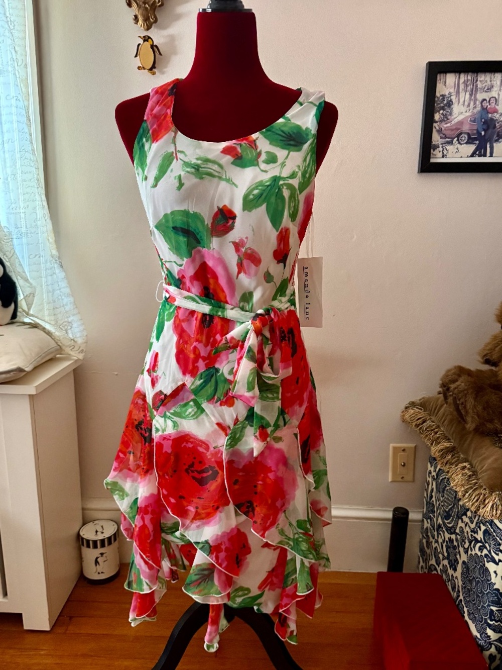Amanda Lane Foral Long White Coral Pink Dress Size 6 NWT